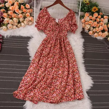 פרחוני שמלת קיץ בציר Ruched שמלת אישה צוואר V בוהו שמלות ערב לנשים 2023 ארוך קוריאנית בגדים חדשים בבגדים אדומים